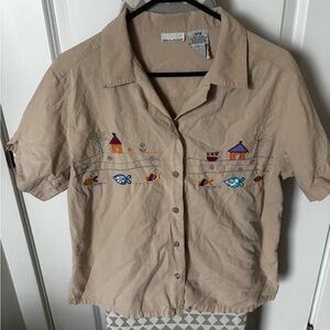 White Stag Beige Embroidered Button Down Shirt